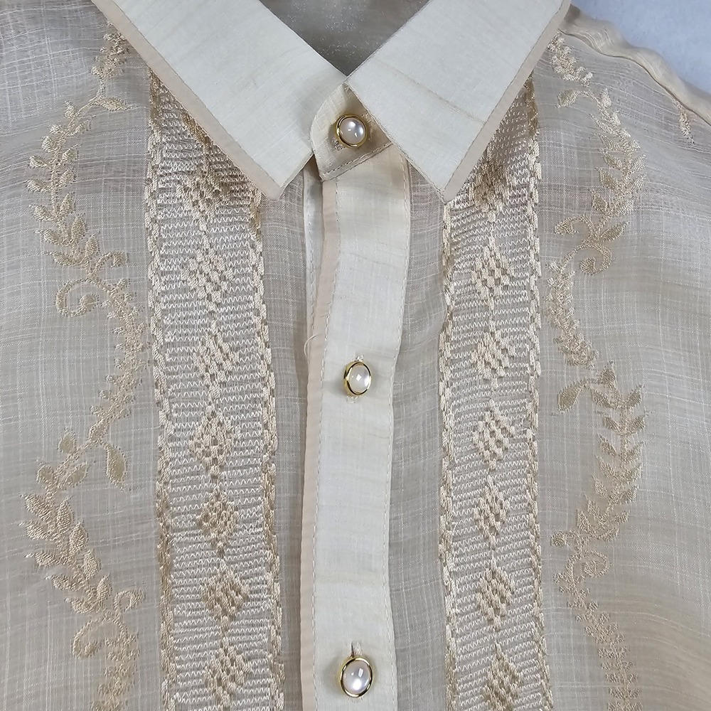 Barong Tagalog Filipino Formal Dress Shirt Men L 44" Sheer Embroidered Button Up - Picture 3 of 11